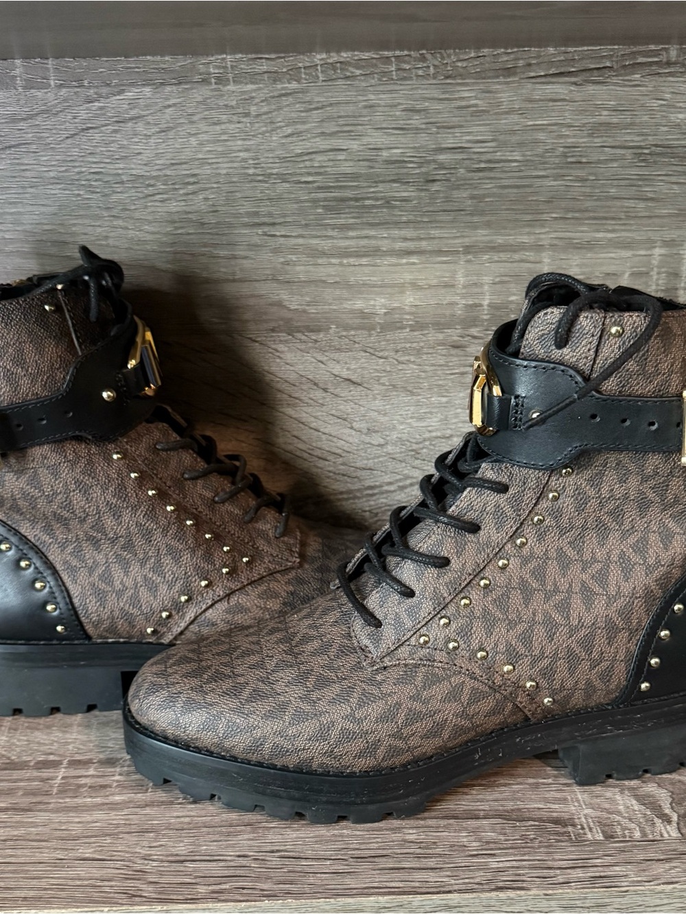 Michael Kors Brown Logo-Print Lace-Up Combat Boots with Gold Accents